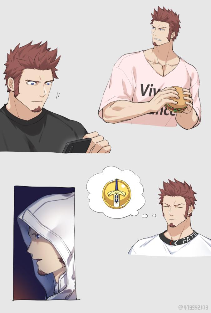 1boy, 47_(479992103), beard, black_shirt, blue_eyes, brown_hair, casual, collage
