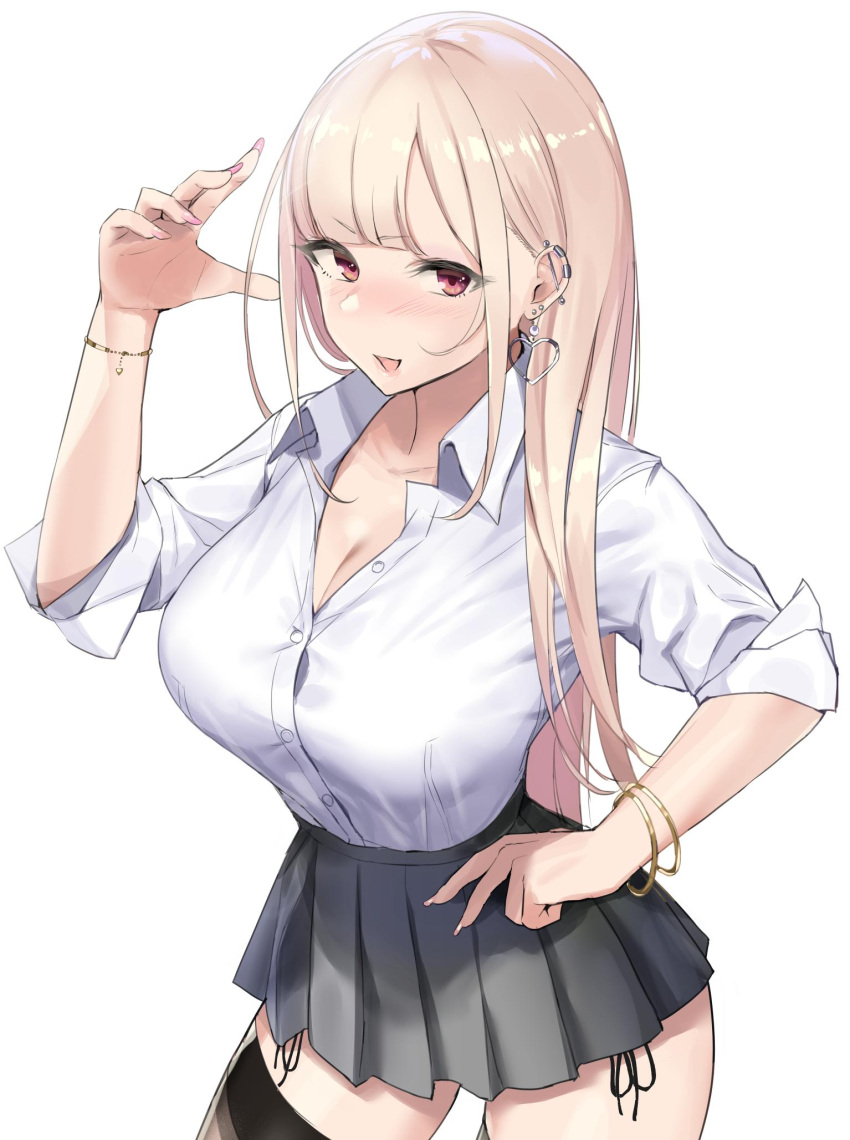 1girl, bangs, black_legwear, black_skirt, blonde_hair, blush, bracelet, breasts