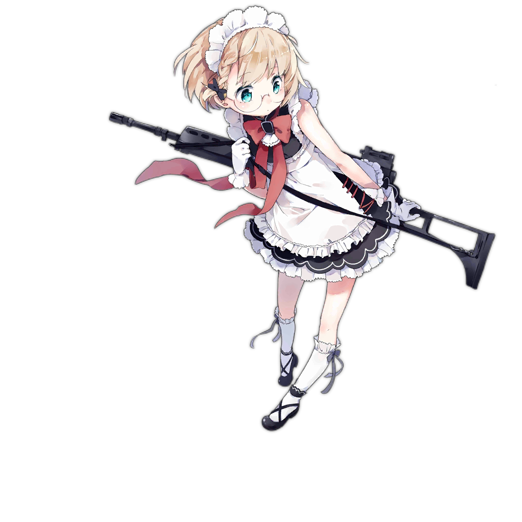 1girl, alternate_costume, assault_rifle, blonde_hair, blue_eyes, braid, full_body, g36_(girls_frontline)