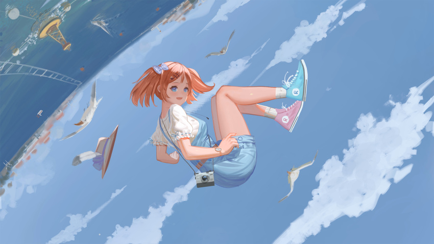 1girl, asymmetrical_footwear, bare_legs, belt, bird, blouse, blue_eyes, blue_sky