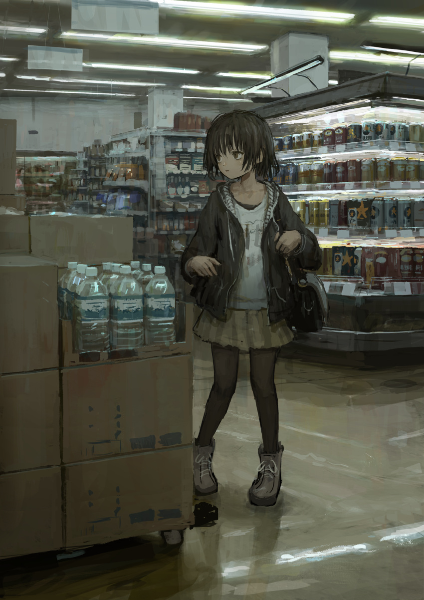 1girl, bag, bangs, beer_can, black_hair, black_jacket, black_legwear, boots, bottle, box, brown_eyes, brown_skirt, can, cardboard_box, ceiling_light, clothes_writing, drawstring, grey_footwear, hair_between_eyes, highres, hood, hood_down, hooded_jacket, indoors, jacket, long_sleeves, looking_away, looking_to_the_side, open_clothes, open_jacket, original, pantyhose, pleated_skirt, sapporo, shion_(mirudakemann), shirt, shop, short_hair, shoulder_bag, skirt, solo, standing, water_bottle, white_shirt