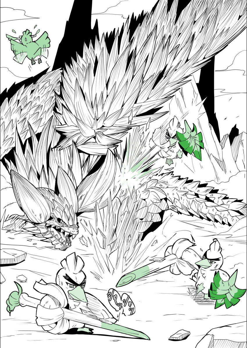 attack, bird, duck, fangs, farfetch'd, fighting, flying, highres