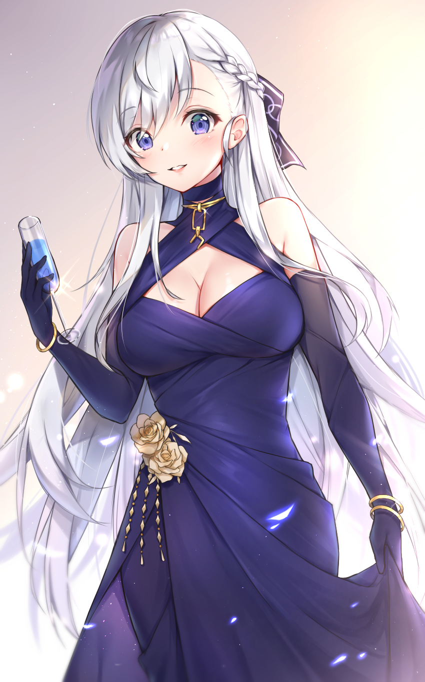 1girl, azur_lane, bangle, bare_shoulders, belfast_(azur_lane), belfast_(the_noble_attendant)_(azur_lane), blue_dress, blue_gloves
