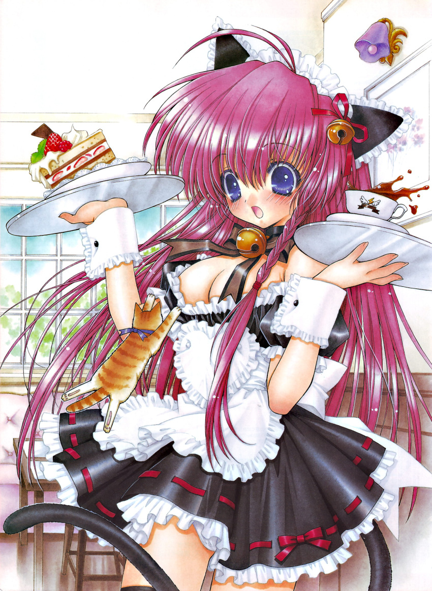 animal_ears, apron, bell, blue_eyes, blush, bow, braid, breasts