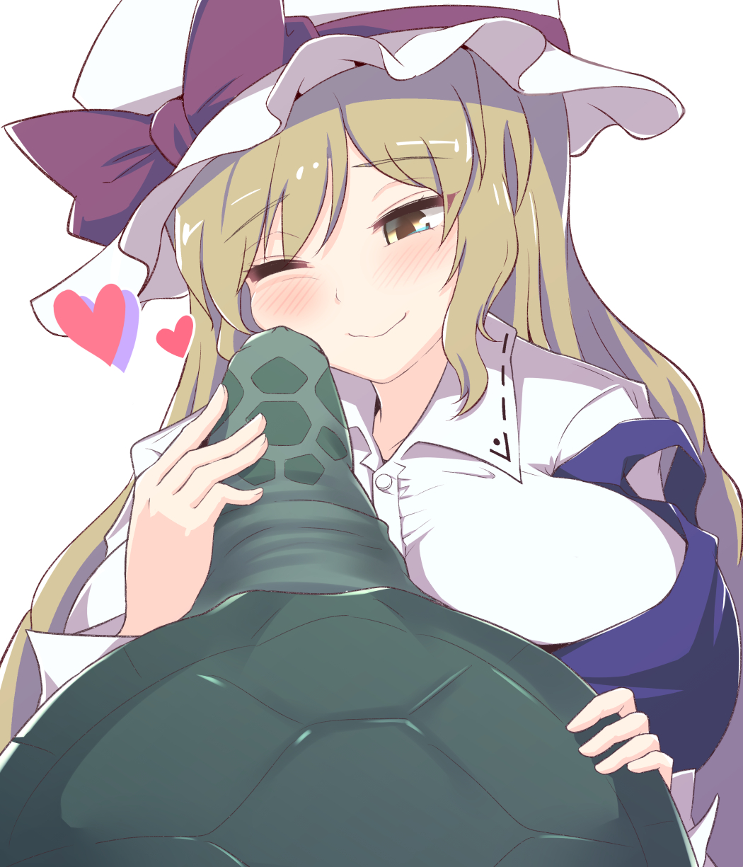1girl, ;), bangs, blush, bow, breasts, brown_hair, commentary_request