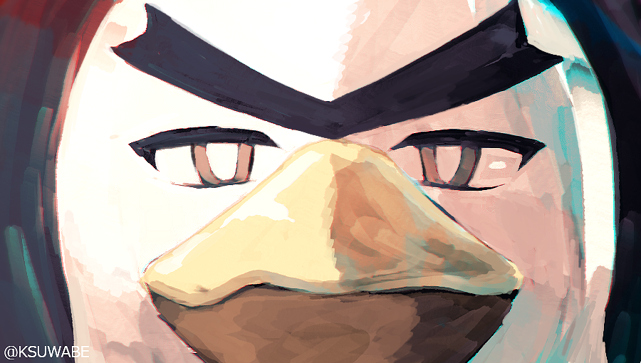 bird, bird_focus, brown_eyes, chromatic_aberration, close-up, face, gen_8_pokemon, kei-suwabe, looking_at_viewer, no_humans, pokemon, pokemon_(creature), sirfetch'd, solo, thick_eyebrows, twitter_username, unibrow