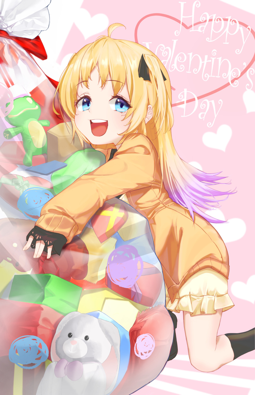 1girl, absurdres, ahoge, bangs, black_legwear, black_ribbon, blonde_hair, blue_eyes, charlotte_izoard, commentary_request, dress, eyebrows_visible_through_hair, happy_valentine, heart, highres, jacket, kneehighs, long_hair, looking_at_viewer, multicolored_hair, mute_fanta855, open_mouth, orange_jacket, purple_hair, ribbon, ryuuou_no_oshigoto!, sleeves_past_wrists, smile, solo, two-tone_hair, two_side_up