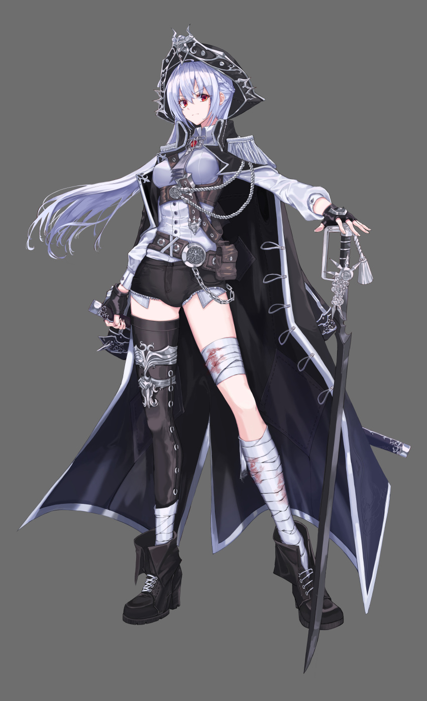 1girl, absurdres, bandaged_leg, bandages, belt, black_cape, black_gloves, black_headwear