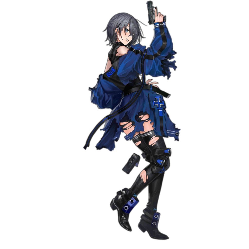 1girl, ankle_guards, baggy_clothes, bangs, black_legwear, blue_coat, blue_eyes, boots