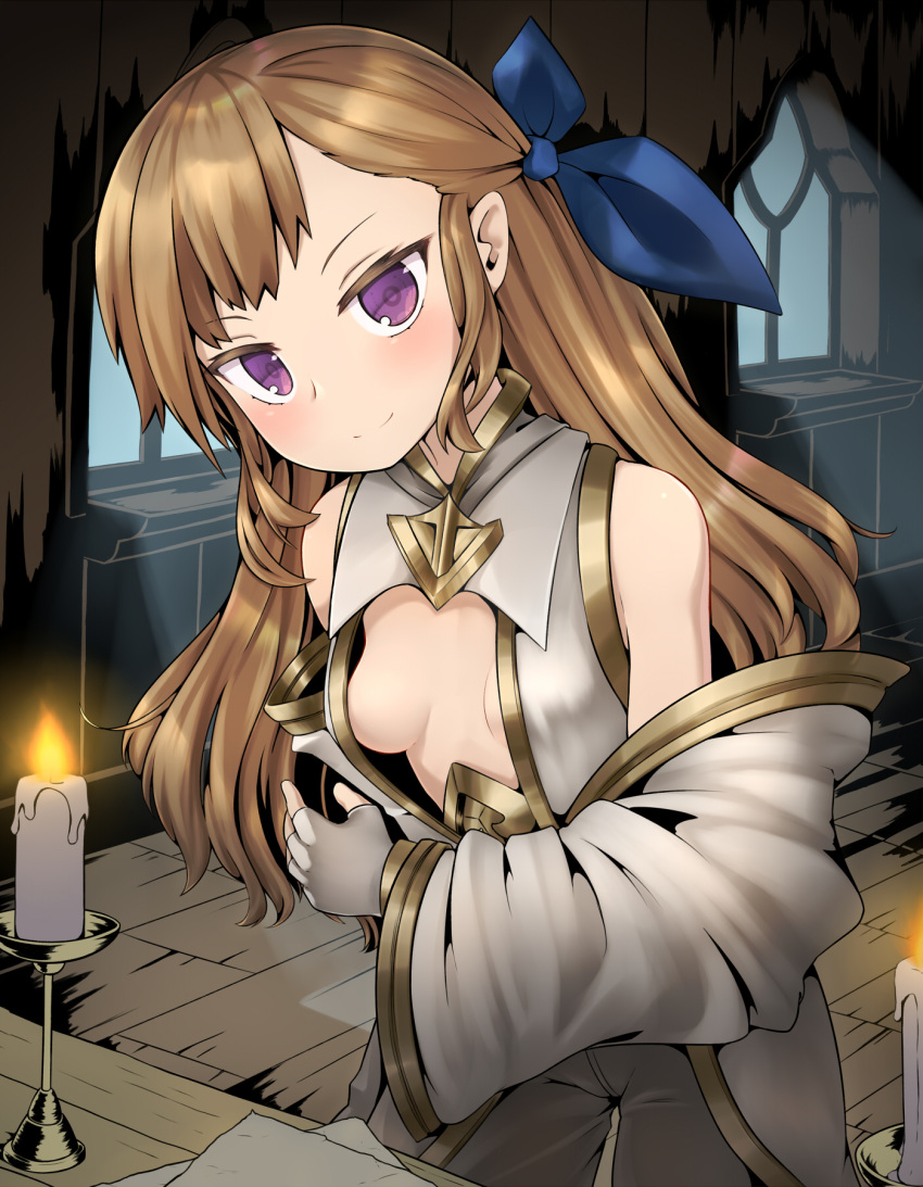 1girl, bare_shoulders, breasts, brown_hair, candle, character_request, commentary_request, detached_sleeves