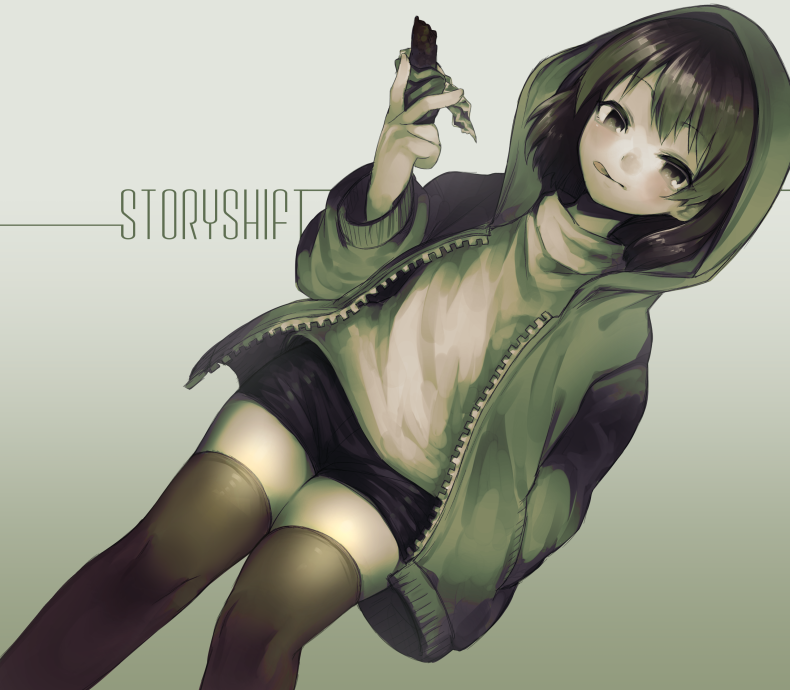 ;d, alternate_universe, androgynous, bangs, black_shorts, brown_hair, chara_(storyshift), chocolate