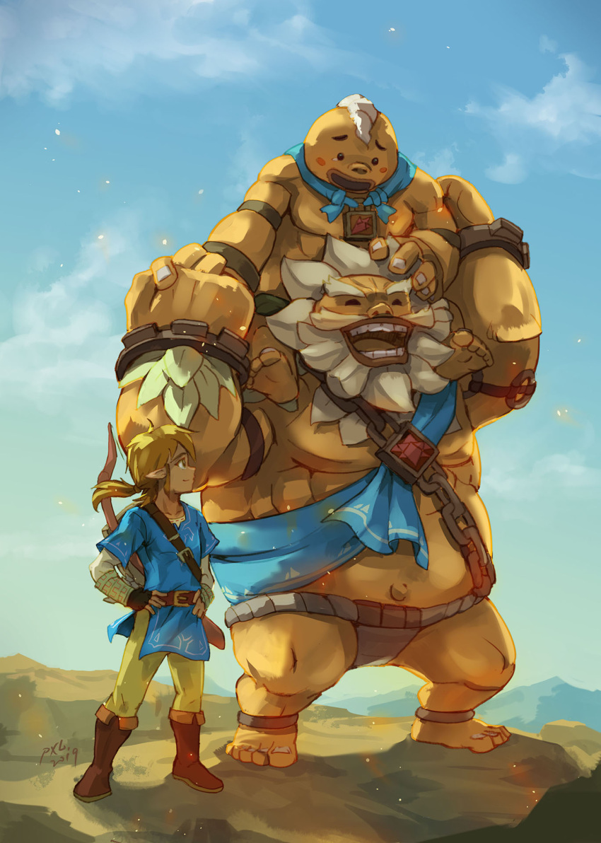 3boys, beard, belt, blonde_hair, blue_eyes, blue_shirt, blue_sky, boots, bow_(weapon), brown_belt, brown_footwear, commentary_request, daruk, day, facial_hair, goron, highres, holding_another, link, long_hair, looking_at_another, male_focus, multiple_boys, outdoors, pointy_ears, ponytail, pxl_(pxltw), shirt, sky, smile, standing, the_legend_of_zelda, the_legend_of_zelda:_breath_of_the_wild, weapon, white_hair