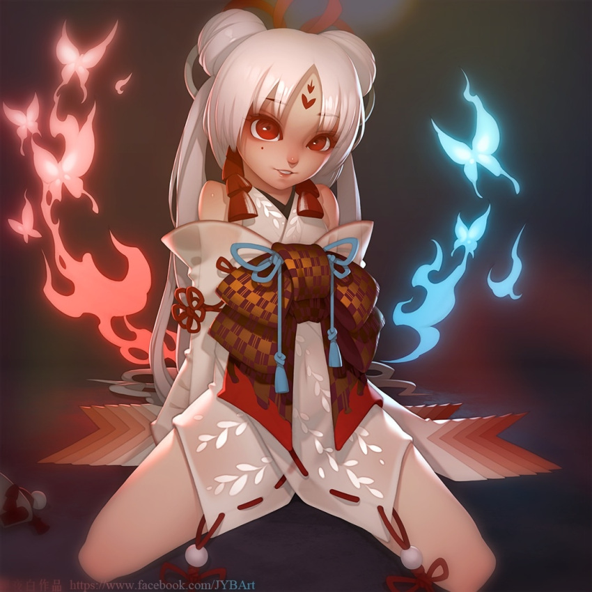 1girl, arms_behind_back, breasts, bug, butterfly, commentary_request, eyebrows_visible_through_hair, facial_mark
