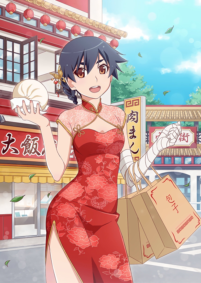 1girl, bag, bandaged_arm, bandages, black_hair, blue_hair, blue_sky, breasts