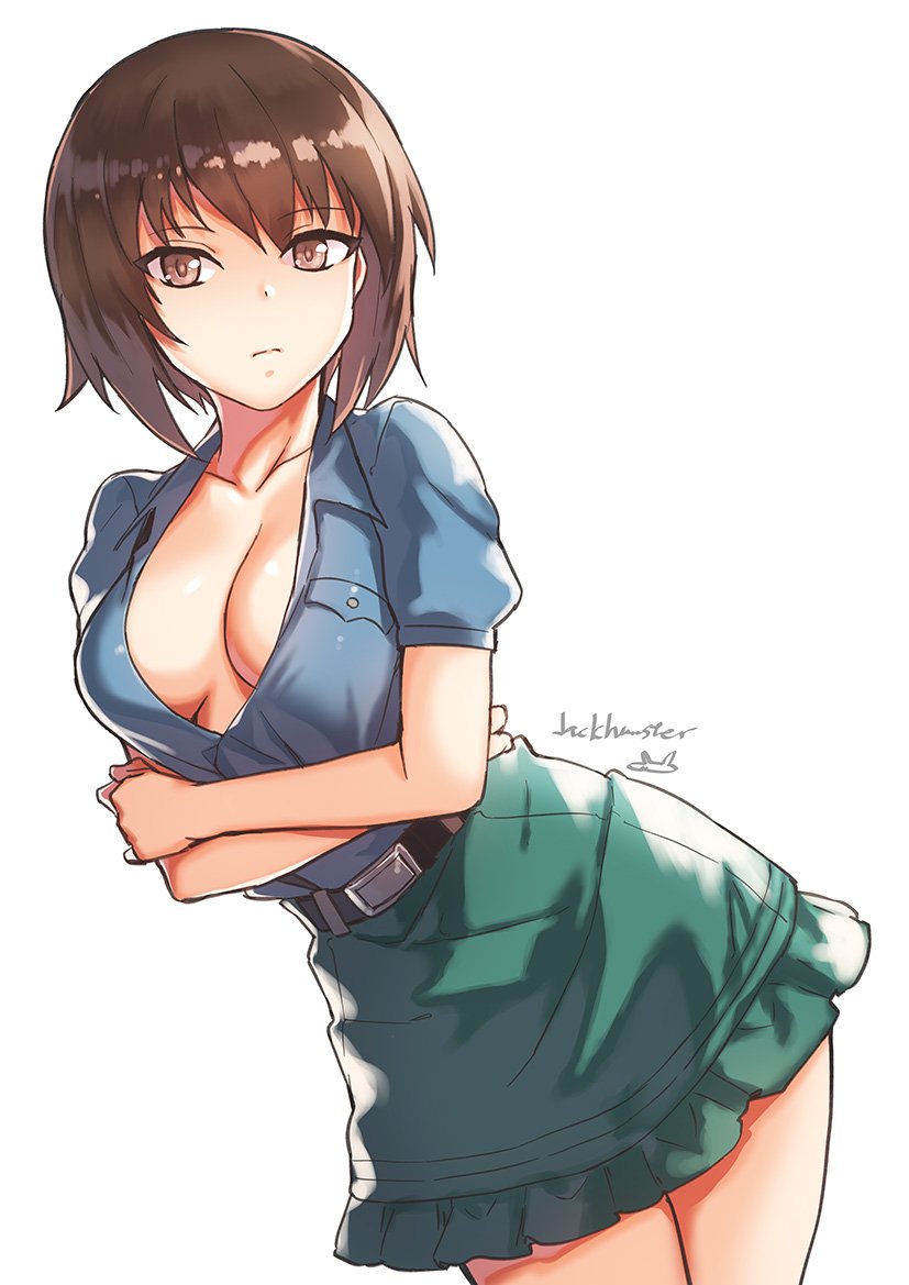 1girl, alternate_costume, aoshidan_school_uniform, artist_name, bangs, belt, black_belt, blue_shirt