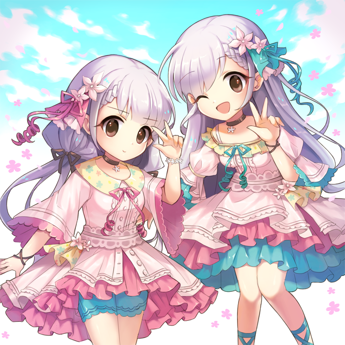 2girls, :d, ahoge, aqua_ribbon, aqua_shorts, aqua_skirt, bangs, belt