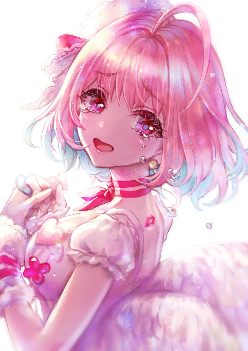 1girl, ahoge, aqua_hair, backless_dress, backless_outfit, badge, bangs, blurry, bow, breasts, depth_of_field, detached_sleeves, dress, earrings, eyebrows_visible_through_hair, eyelashes, fake_wings, flying_teardrops, frilled_sleeves, frills, from_behind, furrowed_eyebrows, hair_bow, hair_intakes, hair_ornament, hands_together, heart, highres, huge_ahoge, idolmaster, idolmaster_cinderella_girls, idolmaster_cinderella_girls_starlight_stage, jewelry, lace, large_breasts, lipstick_mark, looking_at_viewer, multicolored_hair, murayama_(u_k), neck_ribbon, open_mouth, pink_bow, pink_eyes, pink_hair, pink_lips, puffy_short_sleeves, puffy_sleeves, red_ribbon, ribbon, ring, short_hair, short_sleeves, simple_background, solo, spaghetti_strap, tears, two-tone_hair, upper_body, white_background, white_dress, white_wings, wings, yumemi_riamu