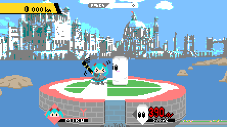 >_<, 1girl, 1other, aqua_hair, black_legwear, blue_sky, building, chibi, city, commentary, crypton_future_media, day, detached_sleeves, gameplay_mechanics, hatsune_miku, holding_baseball_bat, human, koume_64, long_hair, lowres, nintendo, object, ocean, outdoors, pixel_art, platform, sandbag_(smash_bros), sega, sky, sora_(company), super_smash_bros., super_smash_bros._ultimate, super_smash_bros_brawl, twintails, vocaloid, yamaha_(company)