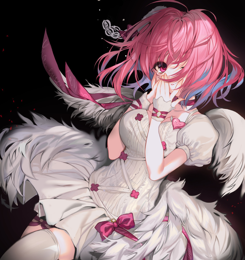 1girl, angel_wings, arm_between_breasts, badge, black_background, blue_hair, bow, breasts