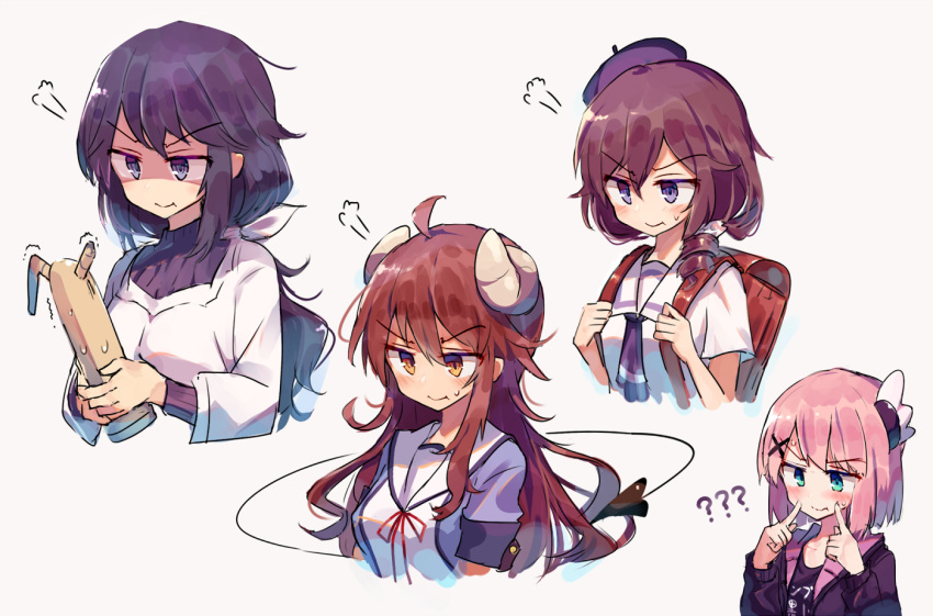 5girls, :t, =3, ??, ahoge, backpack, bag, beize_(garbage)