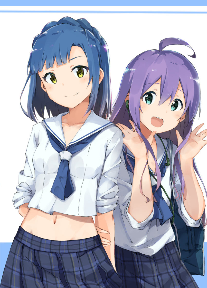 2girls, ahoge, arms_behind_back, asymmetrical_bangs, bag, bangs, blue_hair, blue_neckwear, braid, closed_mouth, collarbone, crop_top, crown_braid, earphones, earphones, green_eyes, highres, hip_bones, idolmaster, idolmaster_million_live!, long_hair, midriff, mochizuki_anna, mp26player, multiple_girls, navel, open_mouth, plaid, plaid_skirt, purple_hair, school_bag, school_uniform, serafuku, simple_background, skirt, smile, standing, upper_body, yellow_eyes