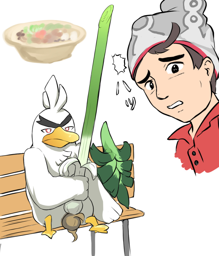 1boy, 1other, animal, beak, beanie, bench, bird, bird_focus