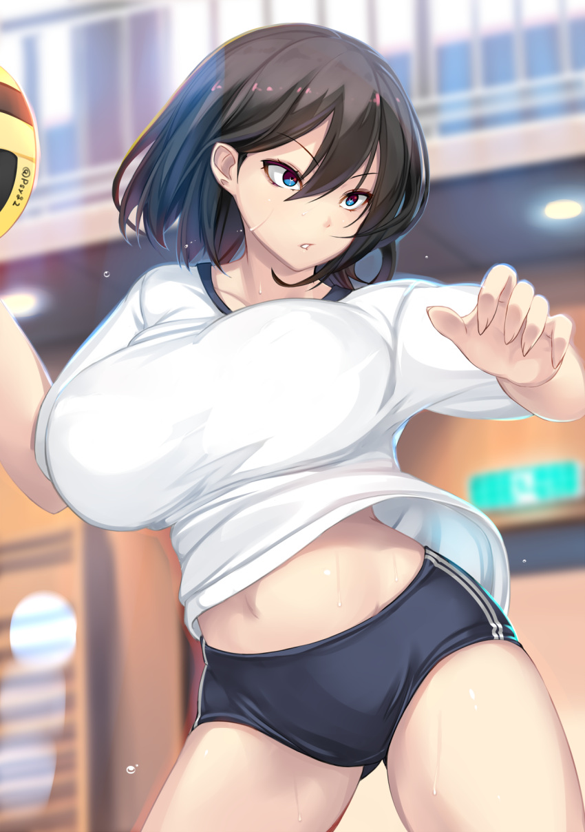 1girl, ball, black_hair, blue_buruma, blue_eyes, bouncing_breasts, breasts, buruma