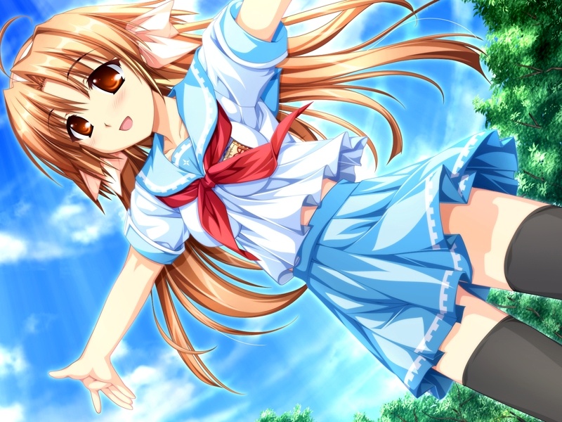 black_legwear, brown_hair, cloud, dutch_angle, game_cg, hair_ribbon, long_hair, looking_up