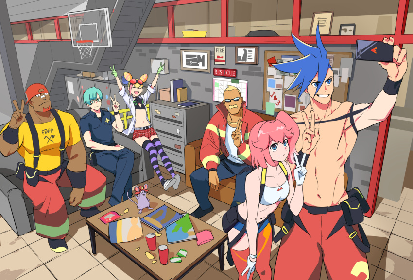 2girls, 4boys, aina_ardebit, aqua_hair, asymmetrical_legwear, backwards_hat, basketball_hoop, belt_pouch