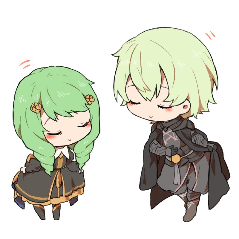 1boy, 1girl, armor, black_armor, black_cape, bowing, byleth_(fire_emblem), byleth_eisner_(male), cape, chibi, closed_eyes, closed_mouth, curtsey, fire_emblem, fire_emblem:_three_houses, flayn_(fire_emblem), garreg_mach_monastery_uniform, green_hair, hair_ornament, long_hair, long_sleeves, short_hair, shunrai, simple_background, smile, uniform, white_background