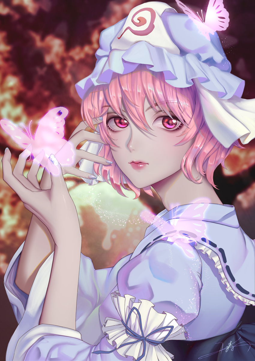 1girl, absurdres, arm_garter, bangs, blue_dress, blue_headwear, blue_sash, bug