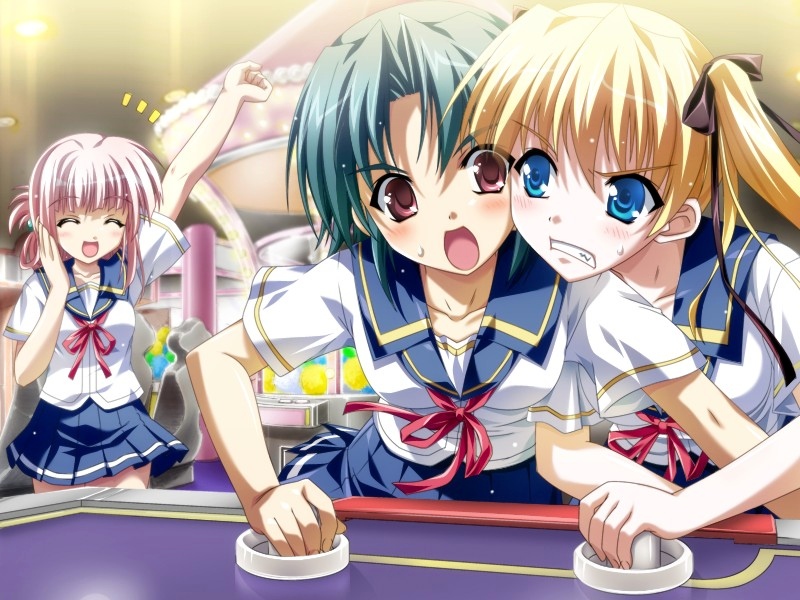 air_hockey, arcade, blonde_hair, blue_eyes, celes_alford, closed_eyes, game_cg, green_hair