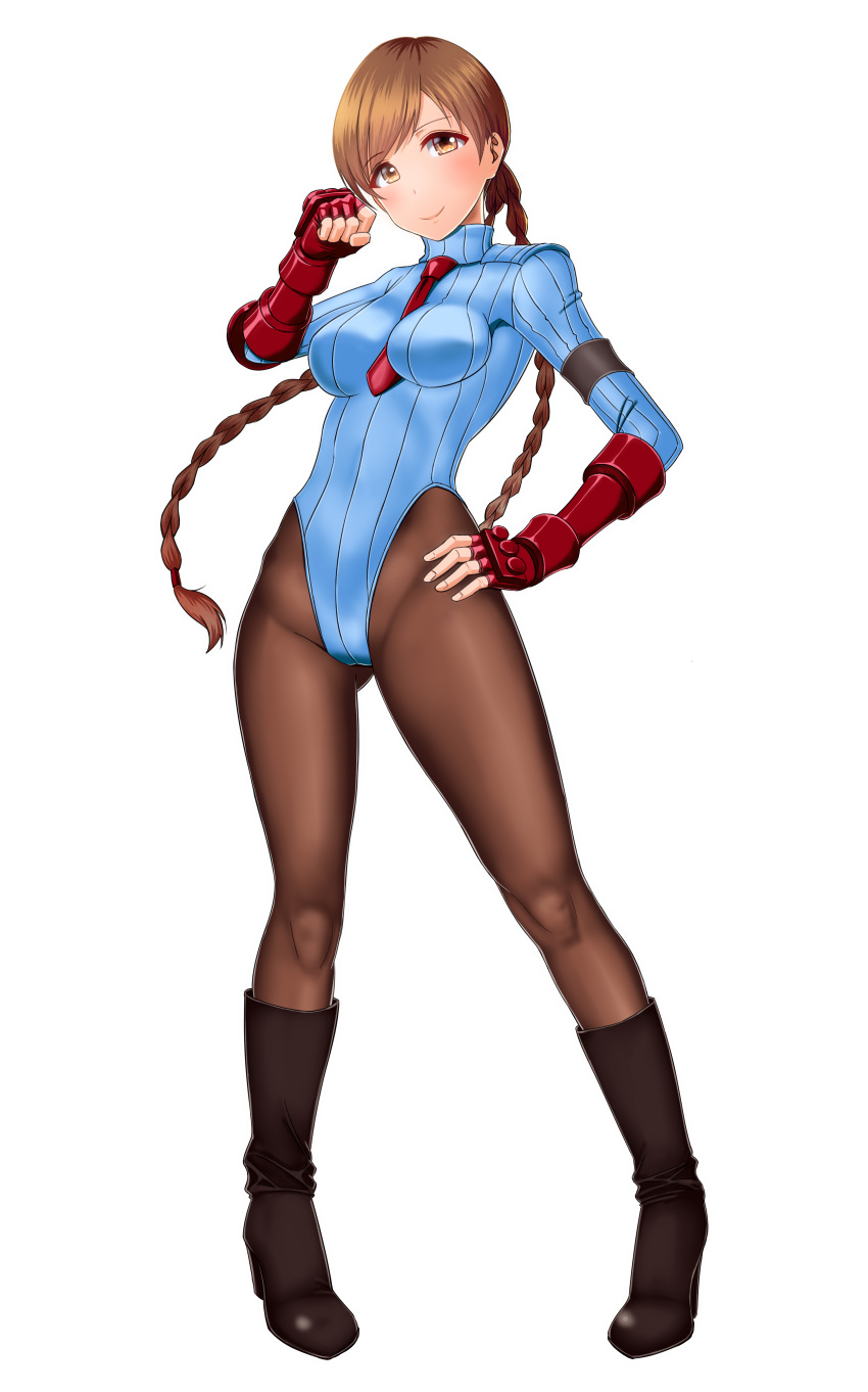 absurdres, armband, bangs, blue_leotard, blush, braid, breasts, brown_eyes