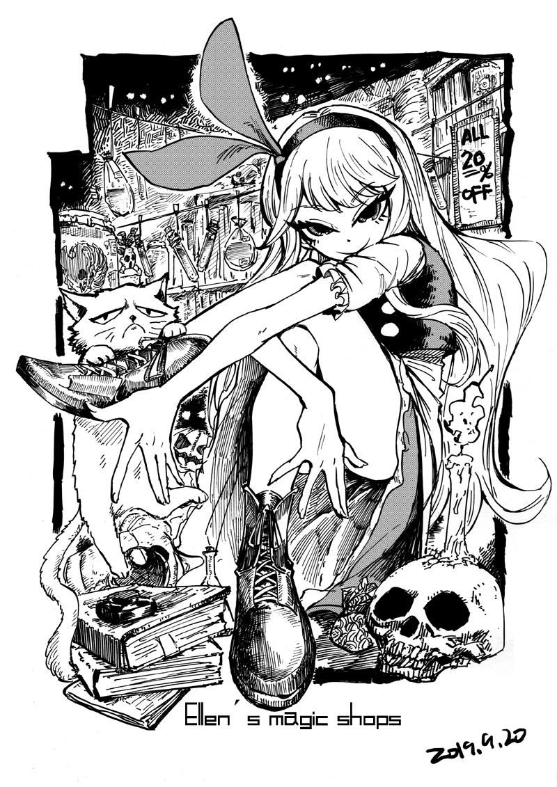 1girl, animal, ankle_boots, bare_legs, blackcat_(pixiv), book, book_stack, bookmark