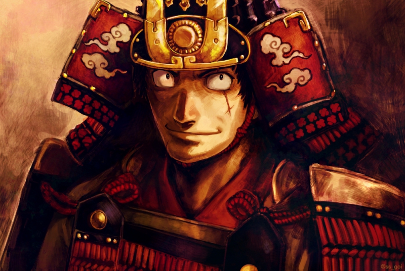 1boy, angolmois:_genkou_kassenki, armor, black_eyes, black_hair, brown_background, helmet, japanese_armor, jinzaburo_kuchii, kabuto, looking_at_viewer, male_focus, scar, scar_across_eye, smile, solo, upper_body, yoshigoi