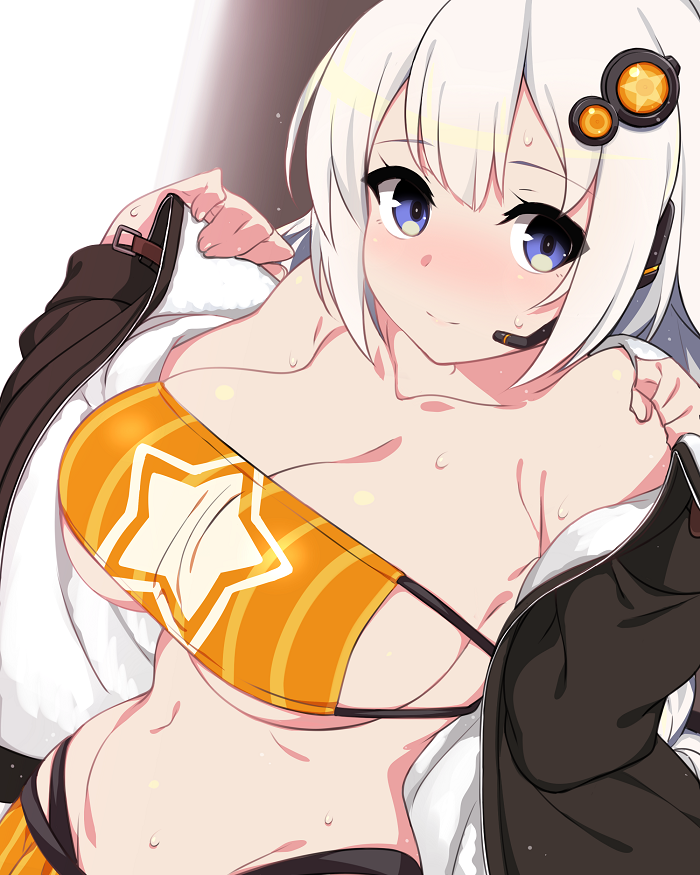 1girl, bikini, black_coat, blue_eyes, blush, bracelet, braid, breasts