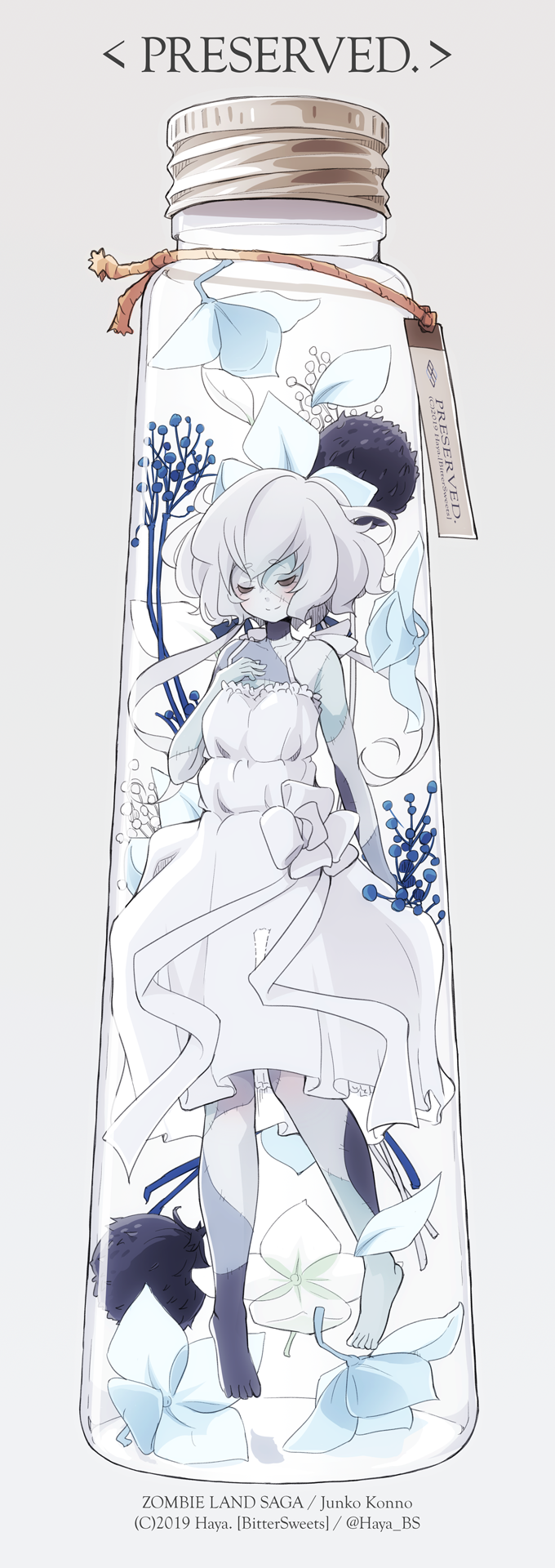 1girl, bangs, bottle, closed_eyes, flower, hair_ribbon, haya_bs, highres
