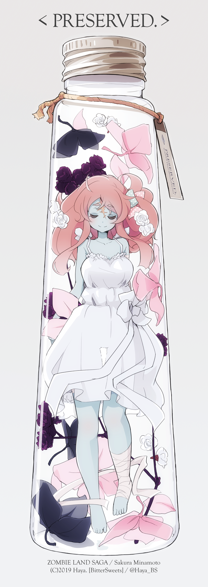 1girl, bandages, bangs, bottle, closed_eyes, dress, flower, hair_ribbon