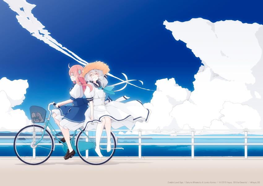 2girls, bangs, basket, bicycle, blue_sky, closed_eyes, clouds, condensation_trail