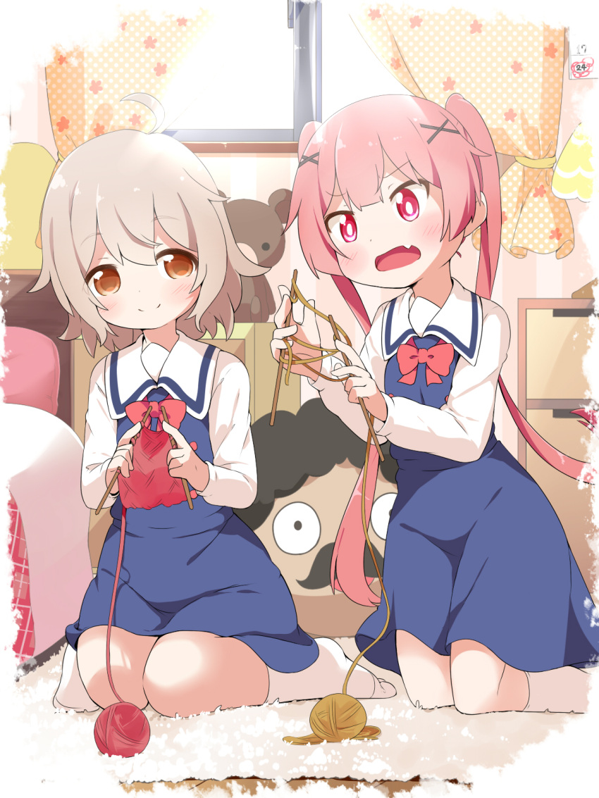 2girls, ahoge, backlighting, bangs, bed, blue_dress, blush, bow