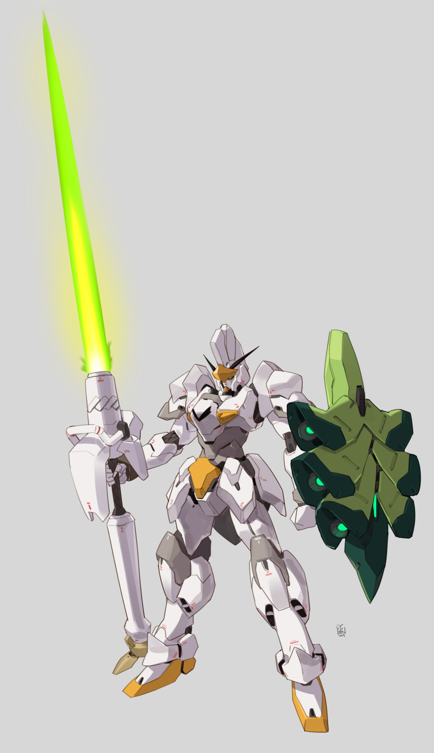absurdres, commentary, energy_lance, full_body, gen_8_pokemon, glowing, grey_background, gundam, highres, mechanization, no_humans, pokemon, pokemon_(game), pokemon_swsh, shield, simple_background, sirfetch'd, standing, weapon, yang-do