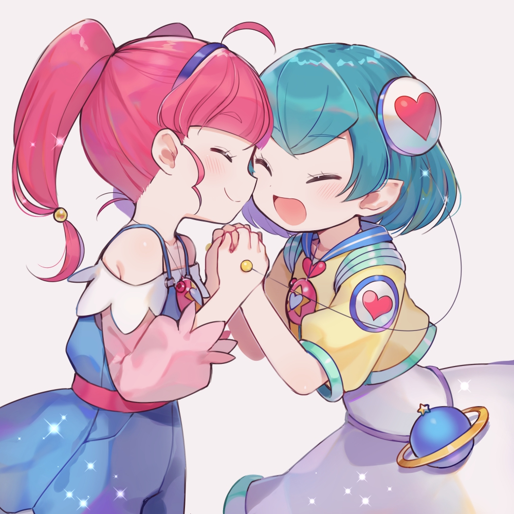2girls, :d, ^_^, ahoge, aqua_hair, bangs, blush, closed_eyes