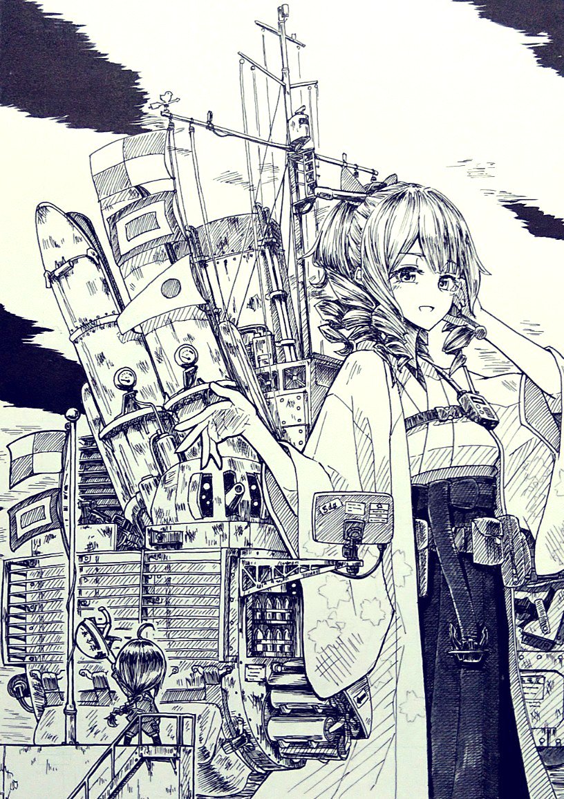 2girls, ahoge, anchor, bangs, belt, blush, bow, braid