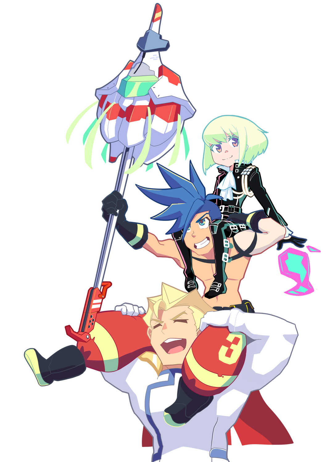 3boys, baggy_pants, belt, black_footwear, black_gloves, blonde_hair, blue_eyes, blue_hair, boots, carrying, cravat, fire, galo_thymos, gloves, green_hair, highres, holding, holding_weapon, kray_foresight, lio_fotia, long_sleeves, looking_at_viewer, male_focus, multiple_boys, nenmatsu_tarou, open_mouth, pants, promare, red_pants, shirtless, shoulder_carry, simple_background, smile, spiky_hair, thigh-highs, thigh_boots, weapon, white_background, white_gloves