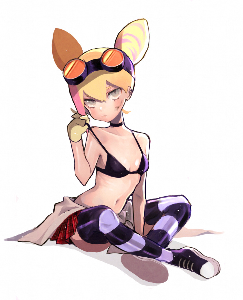 bikini_top, blonde_hair, clothes_around_waist, goggles, goggles_on_head, highres, jacket_around_waist, kouhara_yuyu