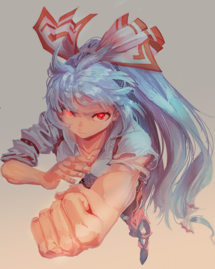 1girl, arm_up, bangs, bow, clenched_hand, closed_mouth, collarbone, collared_shirt