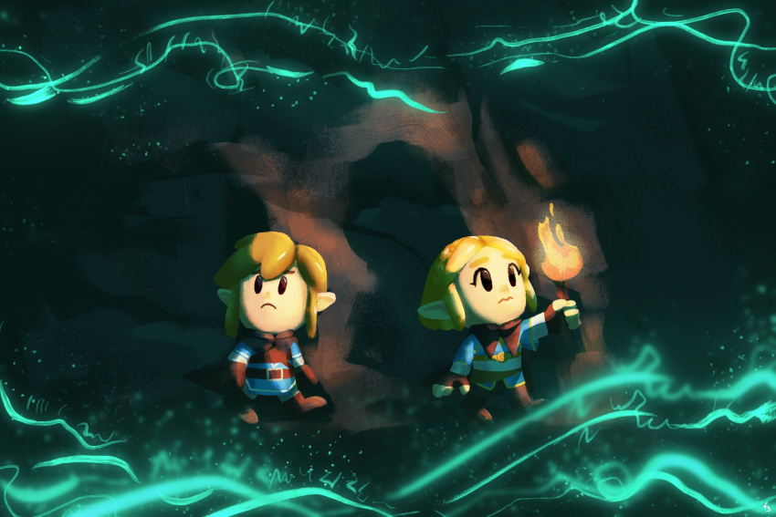 1boy, 1girl, blonde_hair, boots, brown_gloves, brown_pants, closed_mouth, energy, fern_bautista, fingerless_gloves, gloves, highres, link, pants, parody, pointy_ears, princess_zelda, short_hair, sidelocks, style_parody, the_legend_of_zelda, the_legend_of_zelda:_breath_of_the_wild, the_legend_of_zelda:_breath_of_the_wild_2, the_legend_of_zelda:_link's_awakening, torch, tunic, wavy_mouth