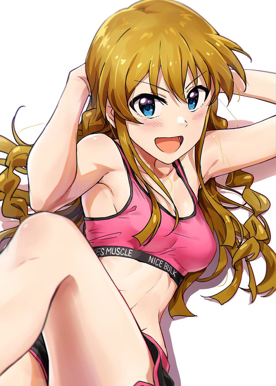 1girl, armpits, ayano_yuu_(sonma_1426), blue_eyes, blush, braid, breasts, brown_hair, exercise, highres, idolmaster, knees_up, kousaka_umi, long_hair, looking_at_viewer, lying, on_back, open_mouth, shorts, smile, solo, sports_bra