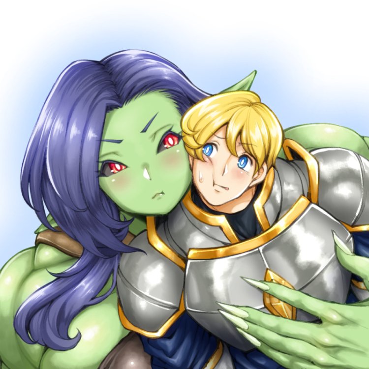 1boy, 1girl, amano_jack_(paradise_jack), arm_warmers, armor, black_sclera, blonde_hair, blue_eyes