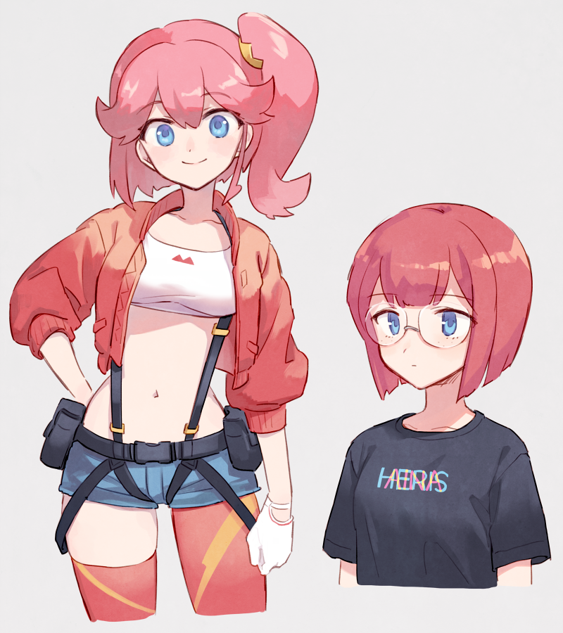 aina_ardebit, asymmetrical_legwear, belt_pouch, blue_eyes, breasts, cropped_jacket, glasses, gloves